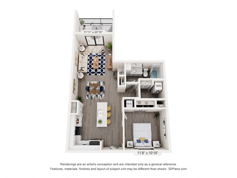 Floor plan for 1 bed, 1 bath, 766 sqft